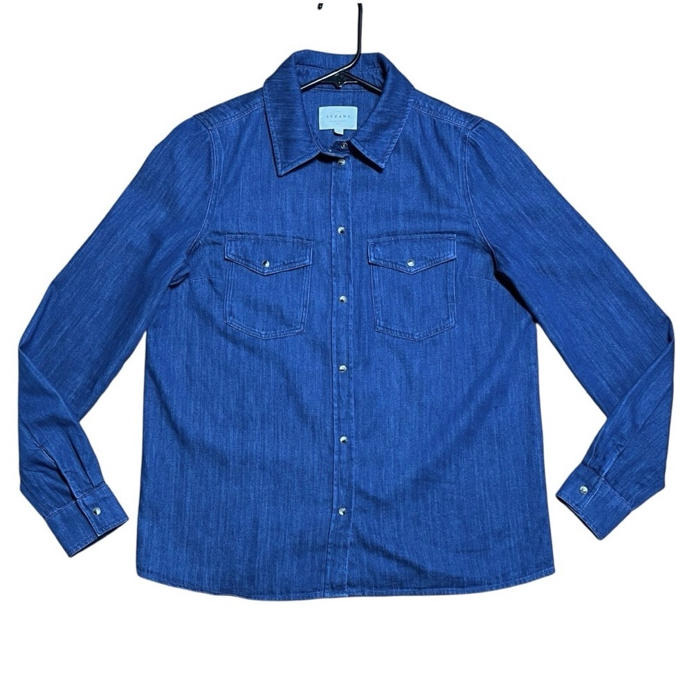 Sezane Wm’s Alba 100% Cotton Denim Pearl Snap Shirt In Sz 34 French/ Sz 2 US